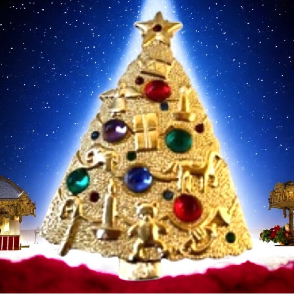 JJ 1986 Christmas Tree Brooch Pin Rhinestones Star Gold Tone Signed